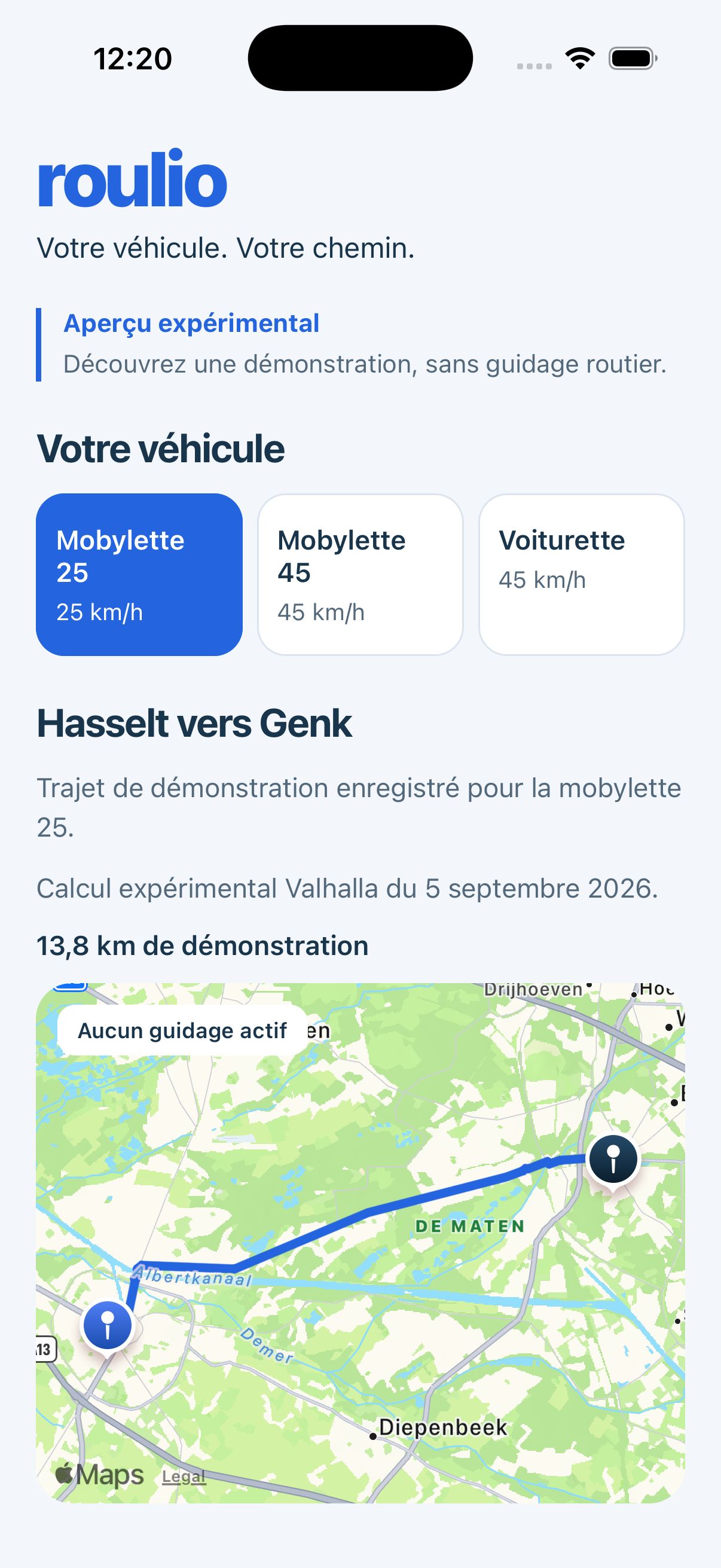 Écran réel du prototype Roulio : profil Mobylette 25 sélectionné, trajet enregistré Hasselt vers Genk et carte portant la mention Aucun guidage actif